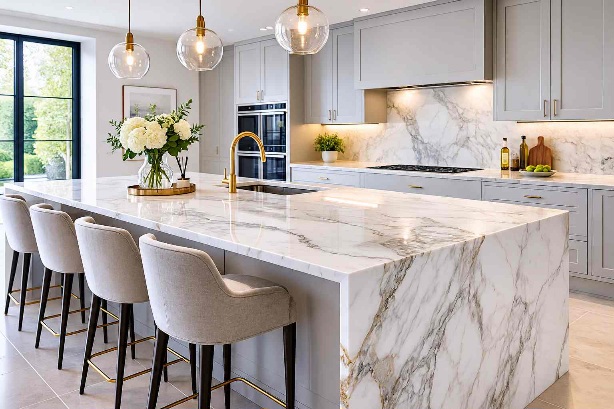 Luxury white stone kitchen island with elegant veining